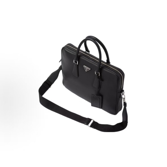 PRADA Saffiano enamel metal triangular logo zipper opening and closing hand shoulder crossbody bag briefcase Men\'s black style